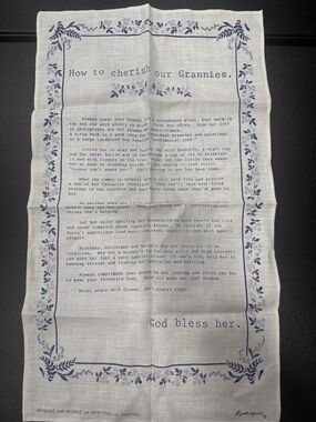 How to Cherish Our Grannies Linen Tea Towel - White with Blue Print